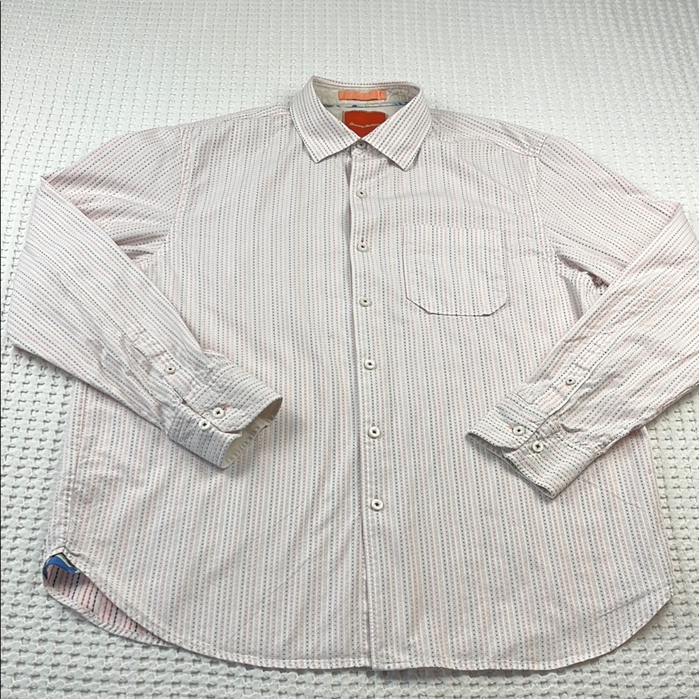 Tommy Bahama Men's White Striped Button-Up Shirt Size Large Pre Owned
